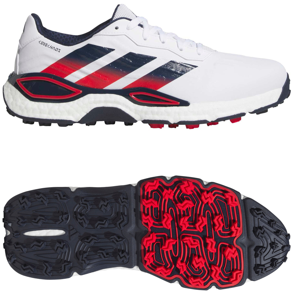 Adidas 2027 CodeChaos Herren Golfschuhe, Weiß / Blau / Rot